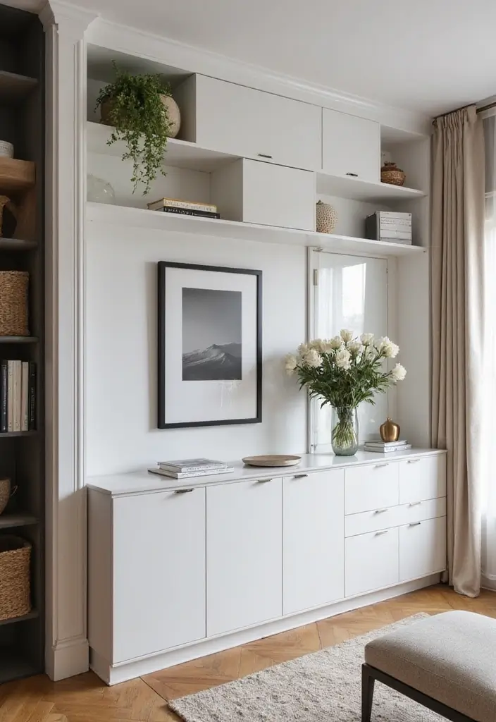 28 Wall Units Living Room Built Ins That Look Custom and Smart - 15. Minimalist Art Displays