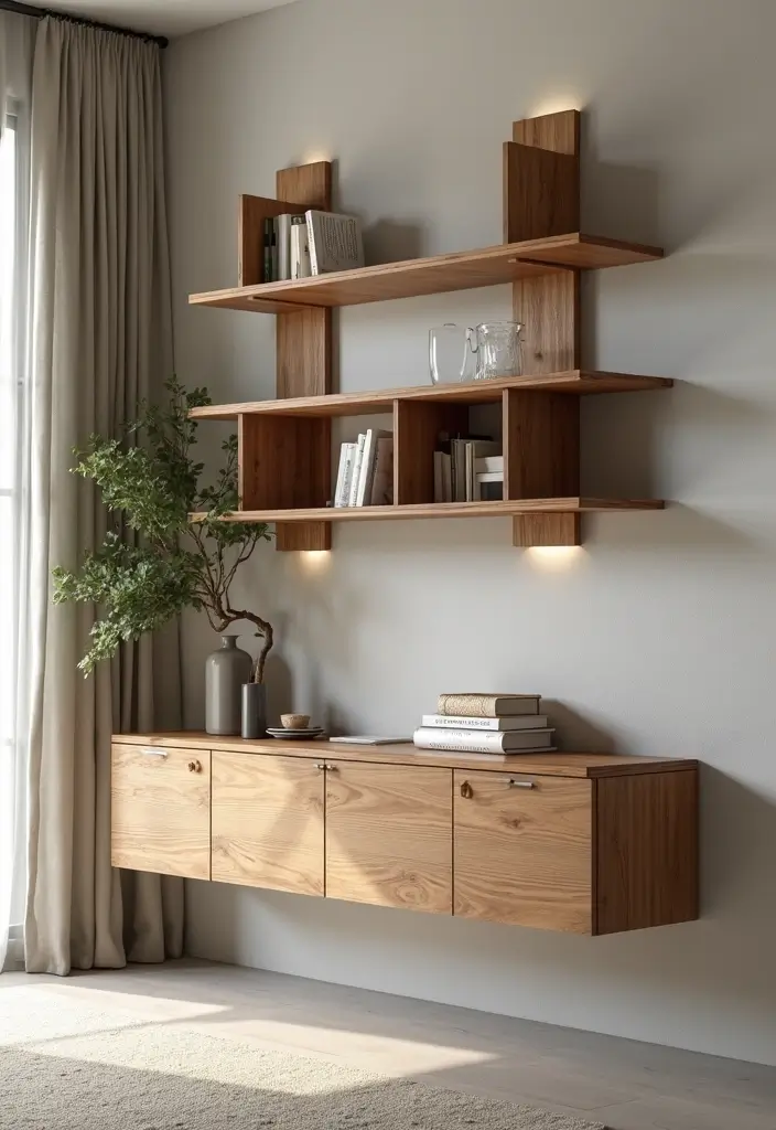 28 Wall Units Living Room Built Ins That Look Custom and Smart - 17. Natural Wood Accents