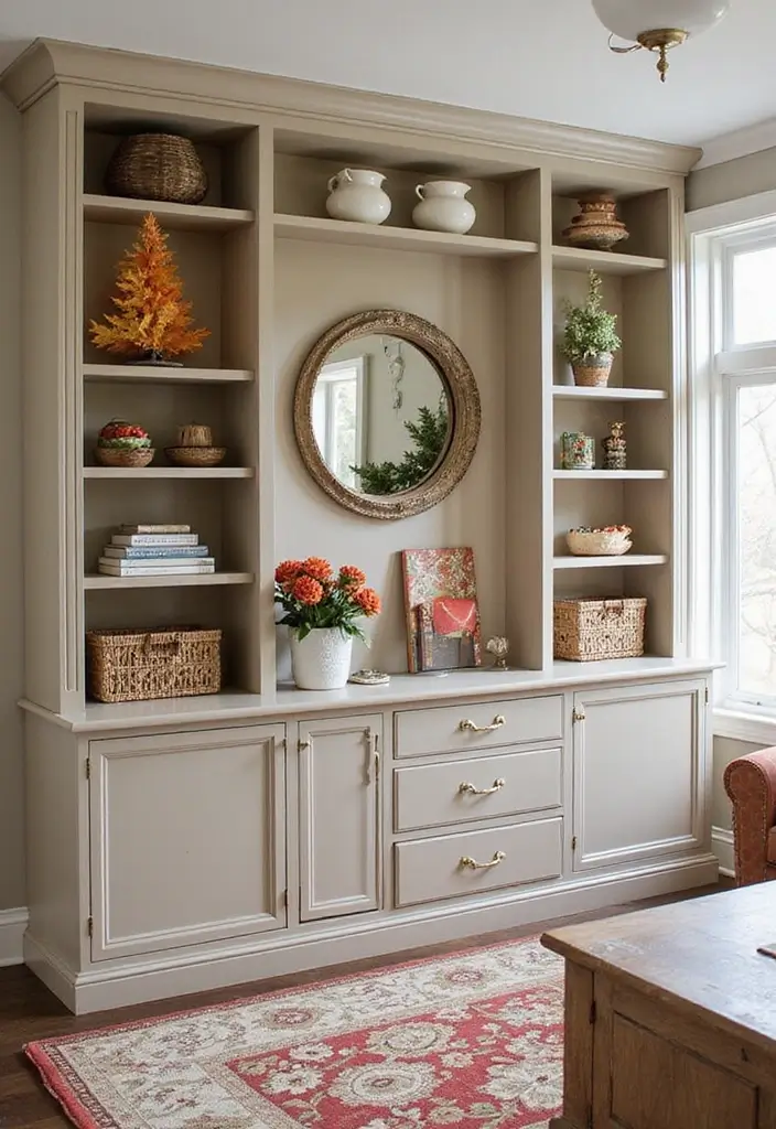 28 Wall Units Living Room Built Ins That Look Custom and Smart - 21. Seasonal Decor