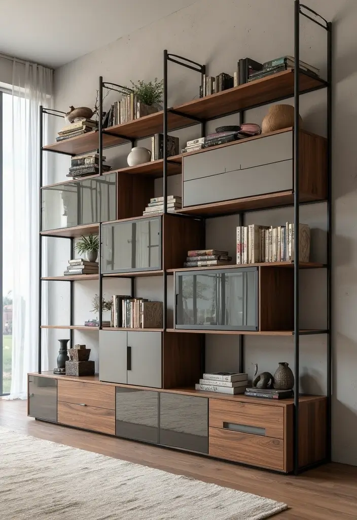 28 Wall Units Living Room Built Ins That Look Custom and Smart - 26. Creative Material Mix
