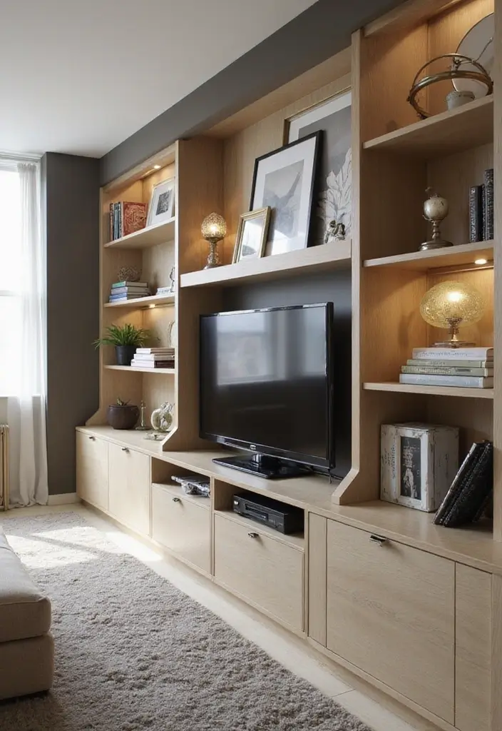 28 Wall Units Living Room Built Ins That Look Custom and Smart - 27. Chic Wall Art Integration