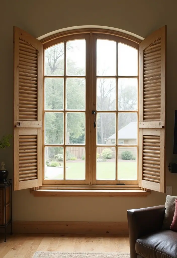 28 Window Dressing Ideas Living Room That Add Style and Privacy - 13. Rustic Wood Shutters