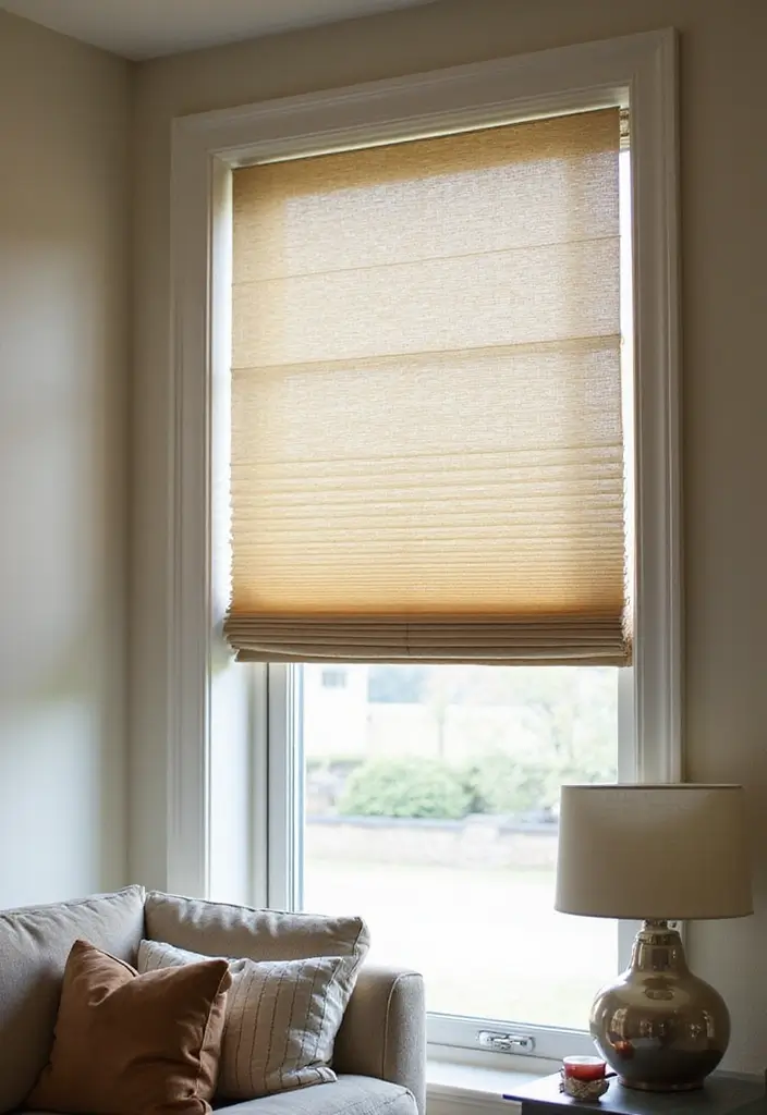 28 Window Dressing Ideas Living Room That Add Style and Privacy - 16. Pleated Shades with Eco-Friendly Materials