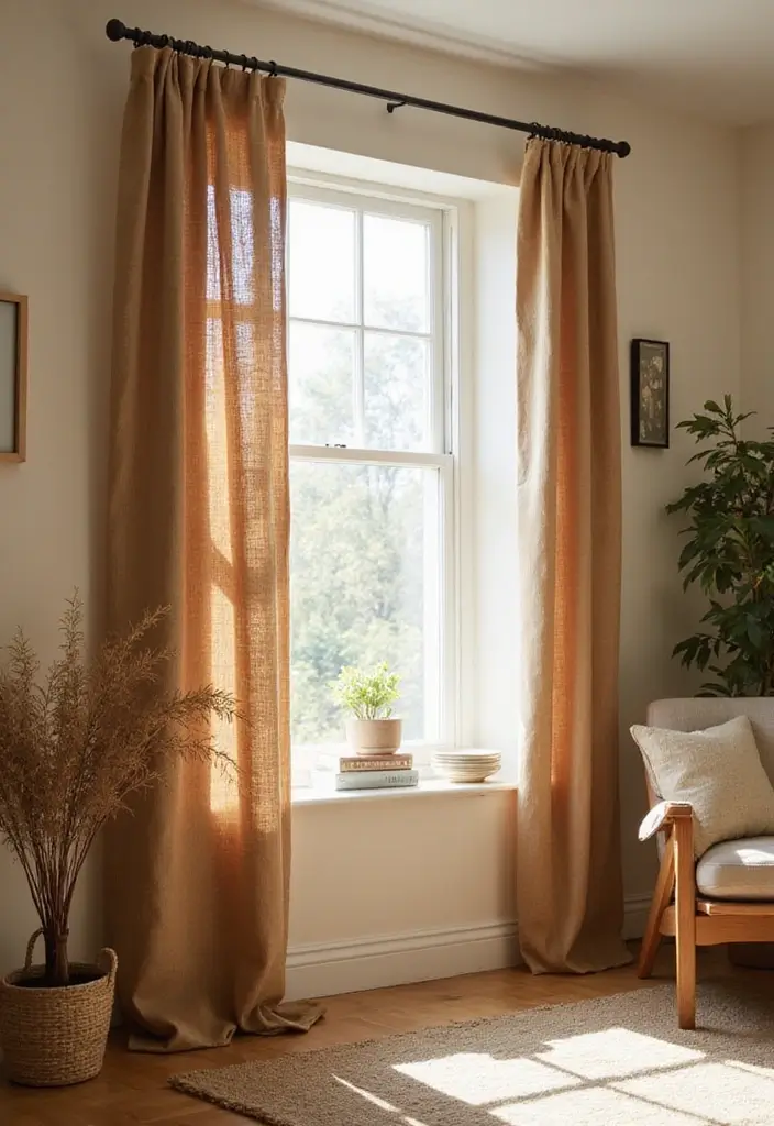 28 Window Dressing Ideas Living Room That Add Style and Privacy - 17. Jute and Cotton Mix Curtains