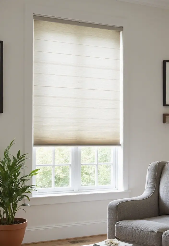 28 Window Dressing Ideas Living Room That Add Style and Privacy - 18. Cellular Shades for Energy Efficiency