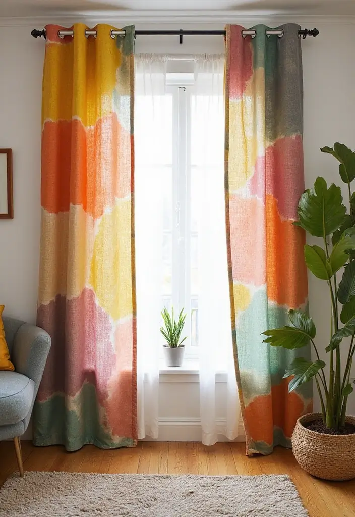 28 Window Dressing Ideas Living Room That Add Style and Privacy - 26. Colorful Canvas Drop Cloth Curtains