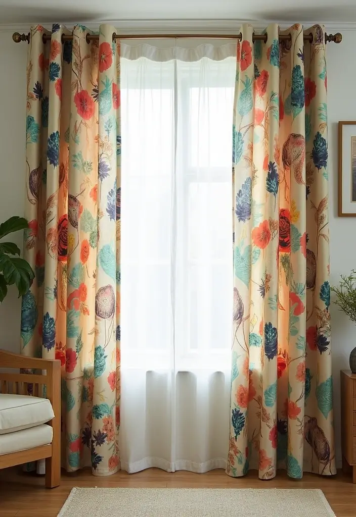 28 Window Dressing Ideas Living Room That Add Style and Privacy - 28. Botanical Print Drapes