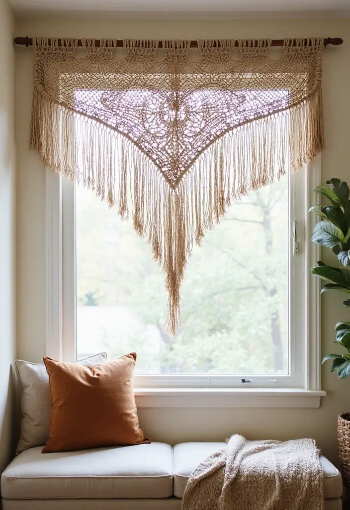 28 Window Dressing Ideas Living Room That Add Style and Privacy - 8. DIY Macrame Window Treatments