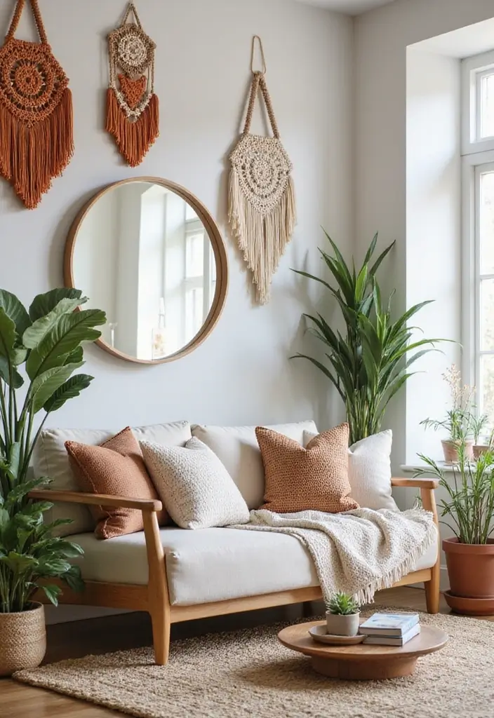 29 Corner Mirror Decor Living Room Ideas That Add Depth and Light - 1. Embrace the Bohemian Vibe with Macrame