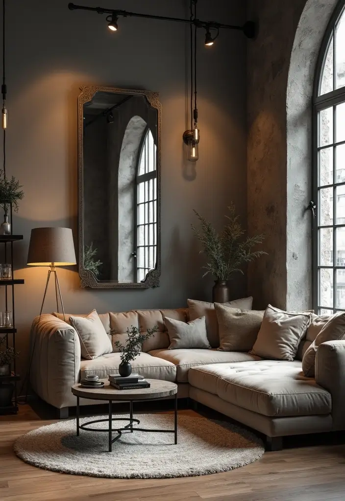 29 Corner Mirror Decor Living Room Ideas That Add Depth and Light - 10. Mixing Styles with Industrial Elements