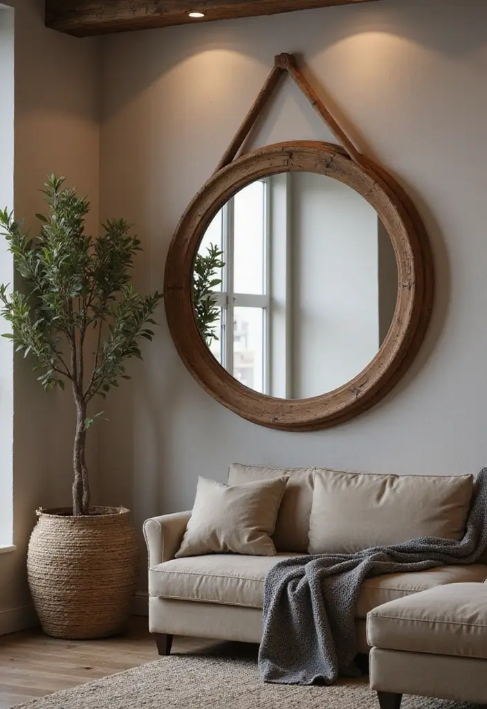29 Corner Mirror Decor Living Room Ideas That Add Depth and Light - 12. Fusion of Modern and Rustic