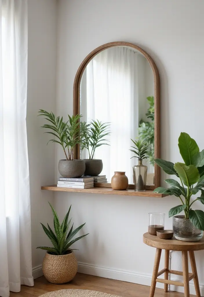 29 Corner Mirror Decor Living Room Ideas That Add Depth and Light - 13. Dual Functionality with a Mirror and Shelf