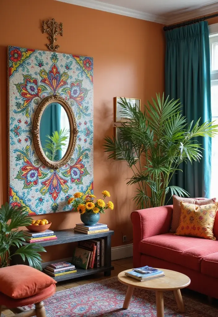 29 Corner Mirror Decor Living Room Ideas That Add Depth and Light - 14. Artistic Approach with Painted Mirrors