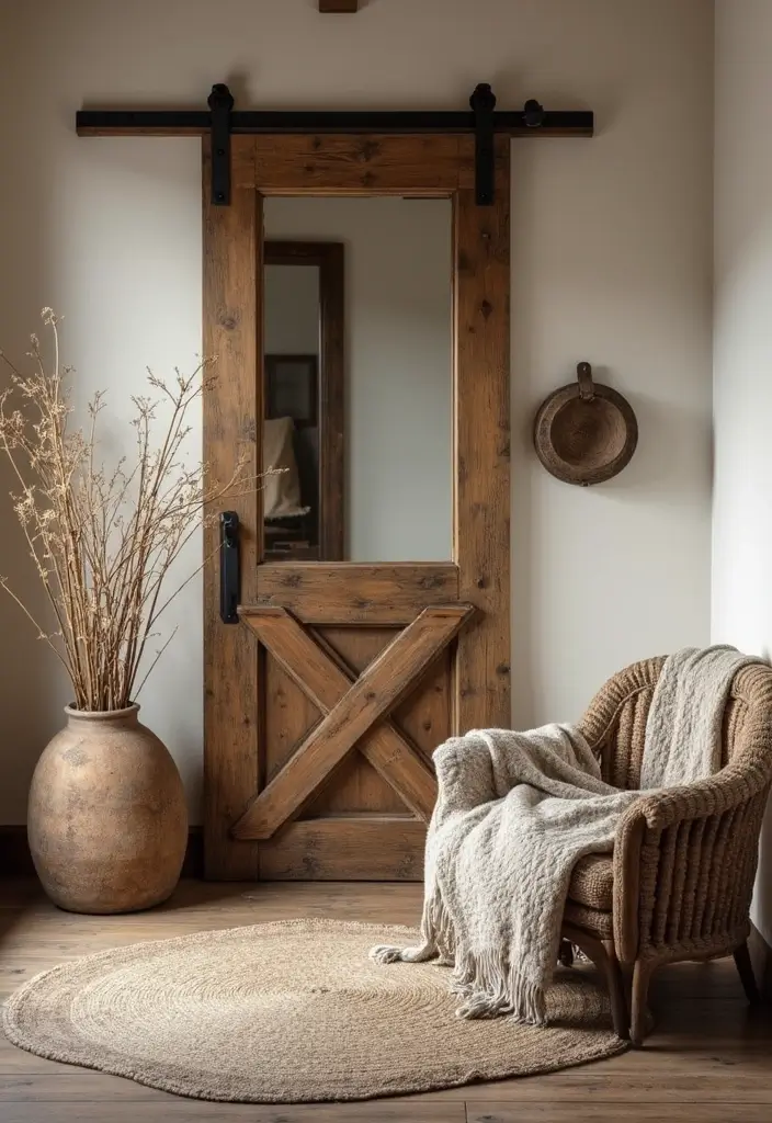 29 Corner Mirror Decor Living Room Ideas That Add Depth and Light - 15. Rustic Charm with Barn Door Mirrors