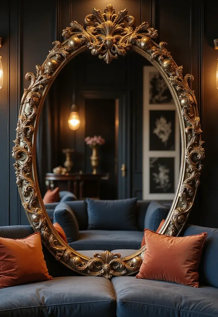 29 Corner Mirror Decor Living Room Ideas That Add Depth and Light - 16. Adding a Touch of Glam with Metallic Accents