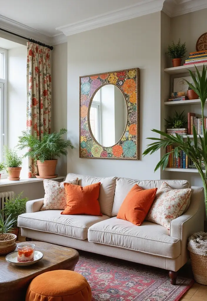 29 Corner Mirror Decor Living Room Ideas That Add Depth and Light - 17. Playful Patterns with Printed Mirrors