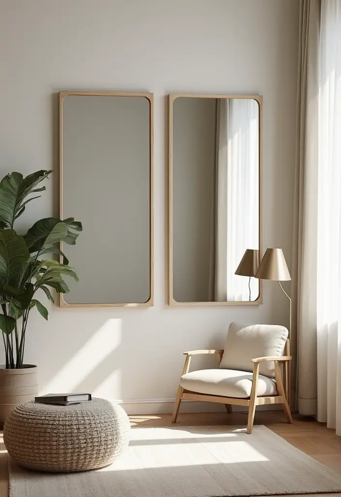 29 Corner Mirror Decor Living Room Ideas That Add Depth and Light - 18. Harmonious Design with Symmetrical Mirrors