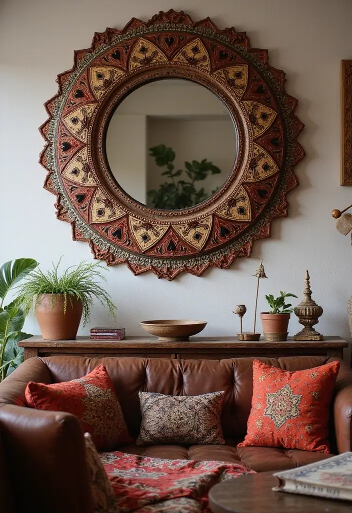 29 Corner Mirror Decor Living Room Ideas That Add Depth and Light - 19. Cultural Influences with Ethnic Patterns