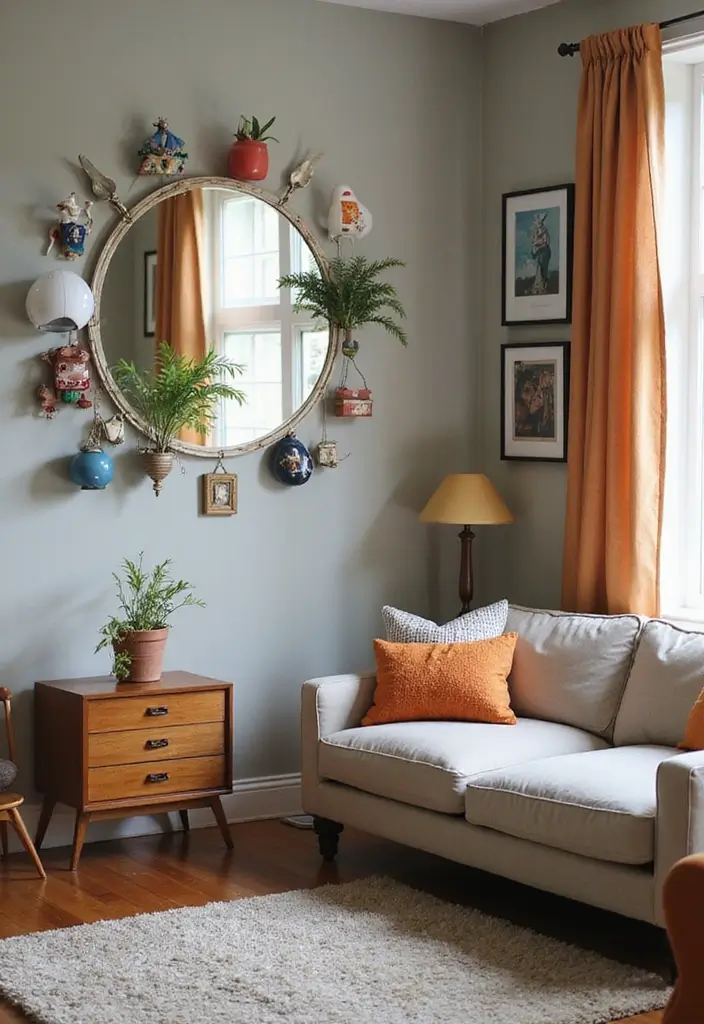 29 Corner Mirror Decor Living Room Ideas That Add Depth and Light - 20. Interactive Decor with Convex Mirrors