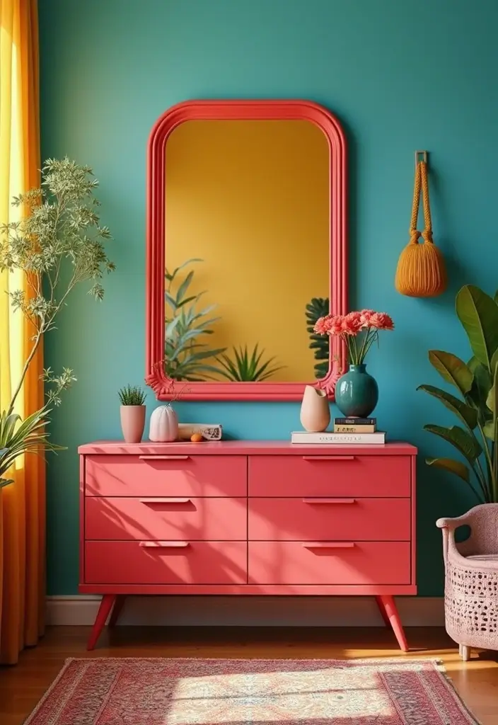 29 Corner Mirror Decor Living Room Ideas That Add Depth and Light - 21. Color Pop with Brightly Colored Mirrors