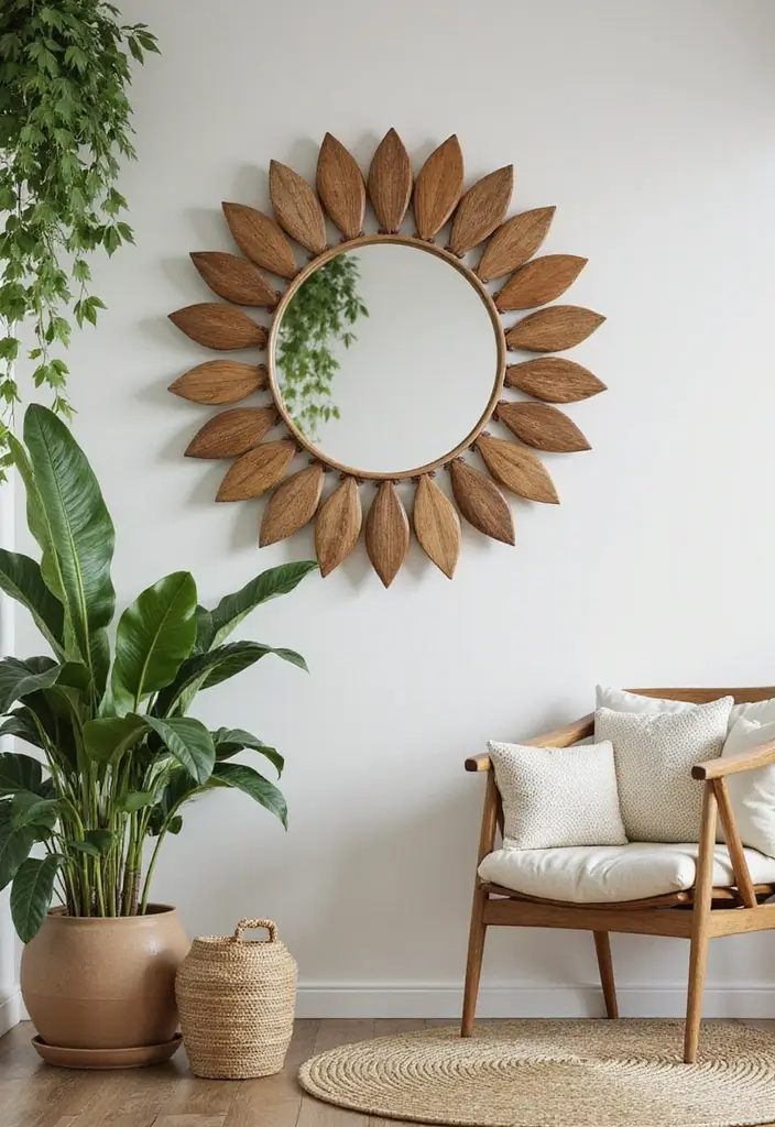 29 Corner Mirror Decor Living Room Ideas That Add Depth and Light - 22. Nature-Inspired with Leafy Mirrors