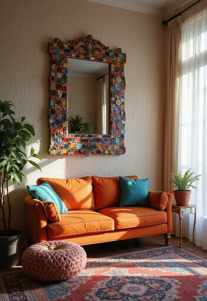 29 Corner Mirror Decor Living Room Ideas That Add Depth and Light - 24. Textured Layers with Mosaics