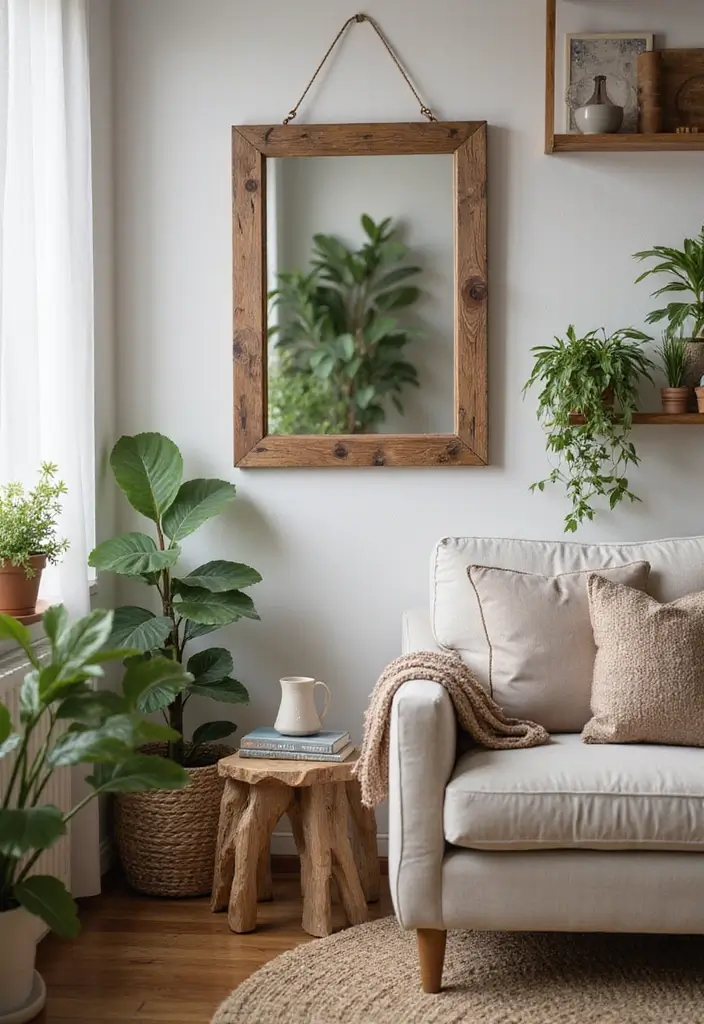 29 Corner Mirror Decor Living Room Ideas That Add Depth and Light - 25. Eco-Friendly with Reclaimed Wood Frames