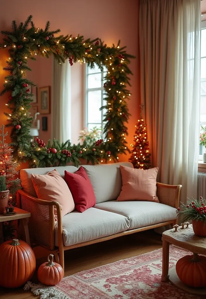 29 Corner Mirror Decor Living Room Ideas That Add Depth and Light - 26. Seasonal Decor with a Mirror Touch