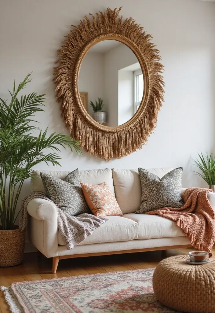 29 Corner Mirror Decor Living Room Ideas That Add Depth and Light - 28. Textured Perfection with Fringed Mirrors