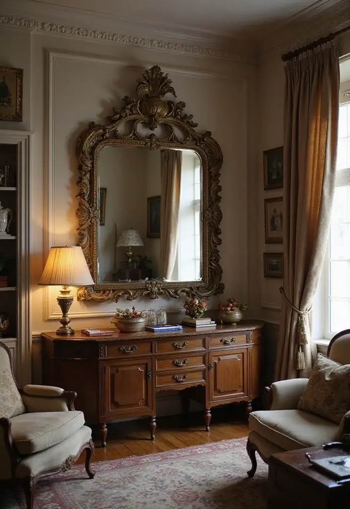 29 Corner Mirror Decor Living Room Ideas That Add Depth and Light - 3. Vintage Elegance with Ornate Frames