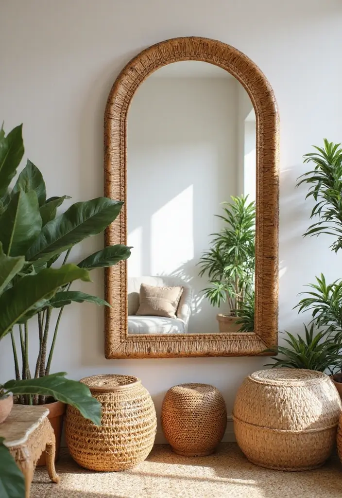29 Corner Mirror Decor Living Room Ideas That Add Depth and Light - 5. Layered Textures with Rattan and Mirrors