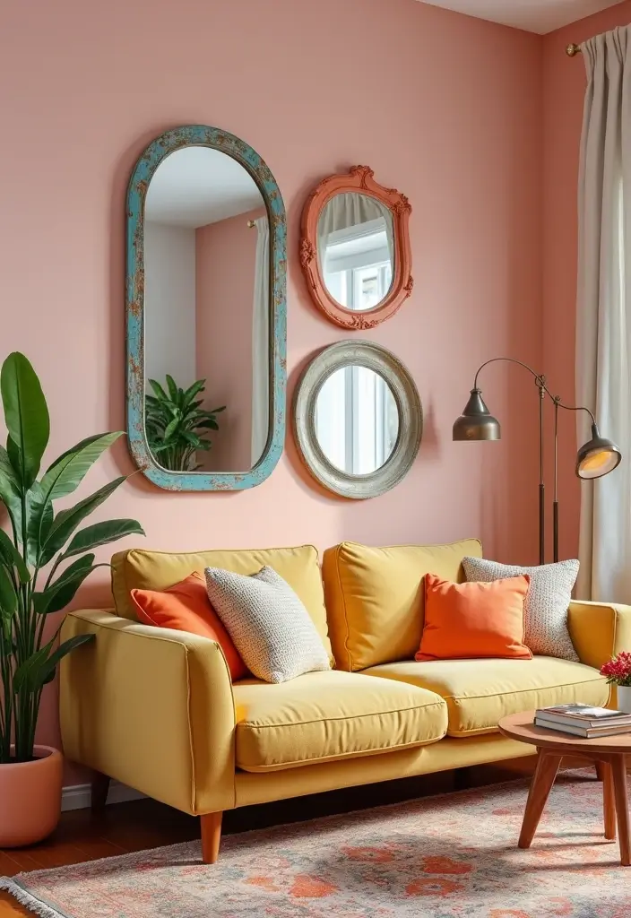 29 Corner Mirror Decor Living Room Ideas That Add Depth and Light - 6. Whimsical Charm with Unconventional Shapes