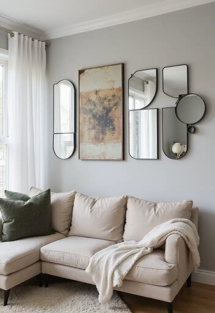 29 Corner Mirror Decor Living Room Ideas That Add Depth and Light - 8. Reflective Art with Mirror Panels