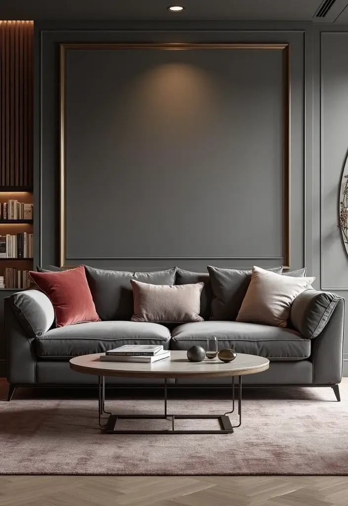 29 Dark Gray Living Room Ideas That Look Modern and Sophisticated - 1. Gray Velvet Sofa for Luxurious Comfort
