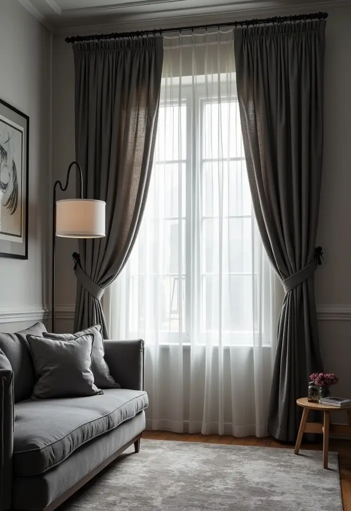 29 Dark Gray Living Room Ideas That Look Modern and Sophisticated - 10. Layered Window Treatments