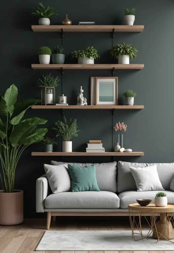 29 Dark Gray Living Room Ideas That Look Modern and Sophisticated - 13. Fun and Functional Shelving