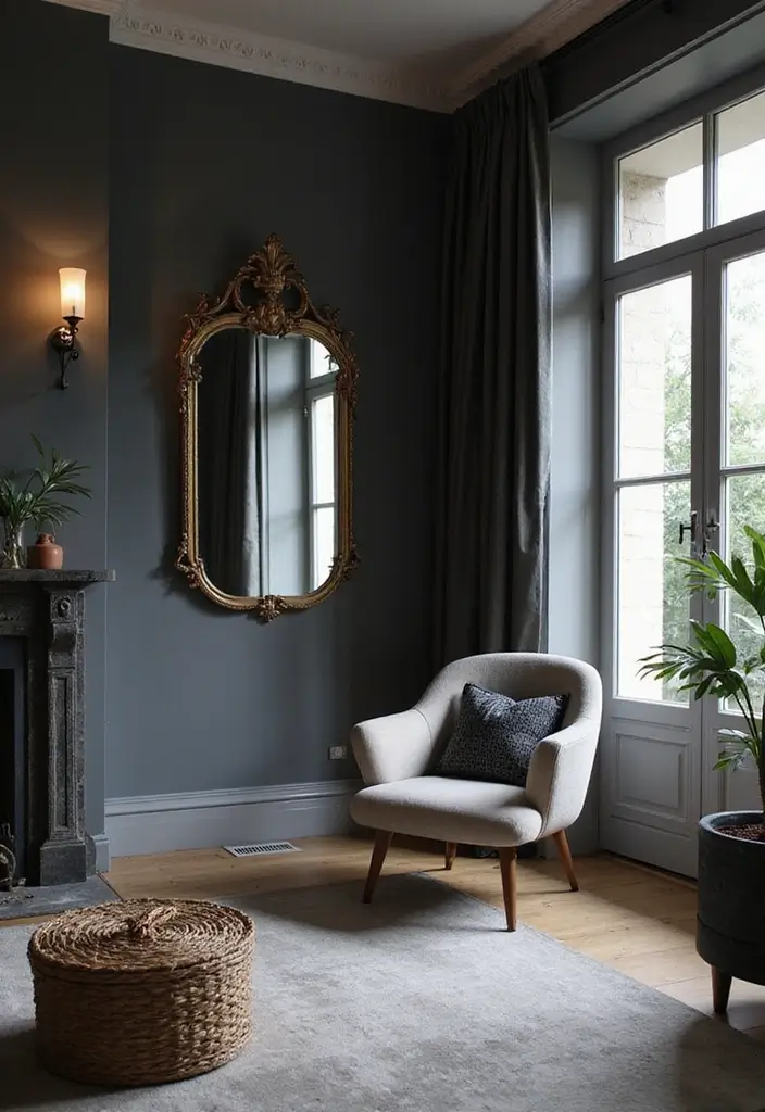 29 Dark Gray Living Room Ideas That Look Modern and Sophisticated - 17. Smart Use of Mirrors