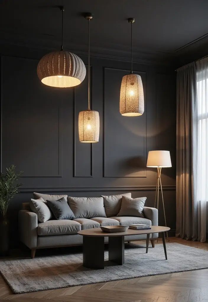 29 Dark Gray Living Room Ideas That Look Modern and Sophisticated - 18. Unique Lighting Fixtures