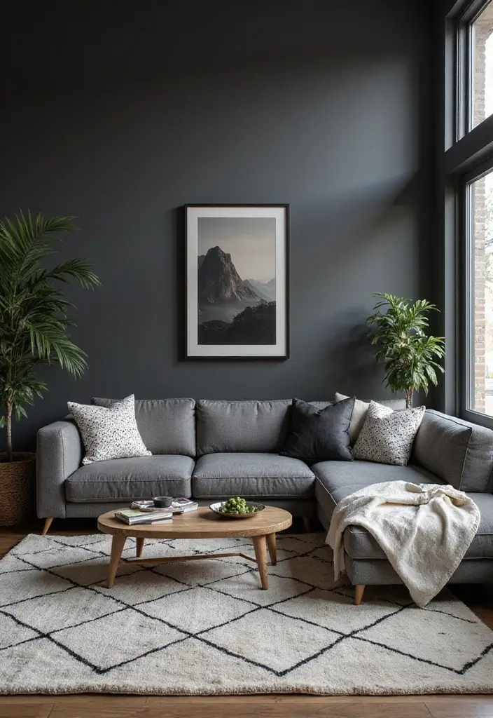 29 Dark Gray Living Room Ideas That Look Modern and Sophisticated - 19. Play with Geometric Patterns