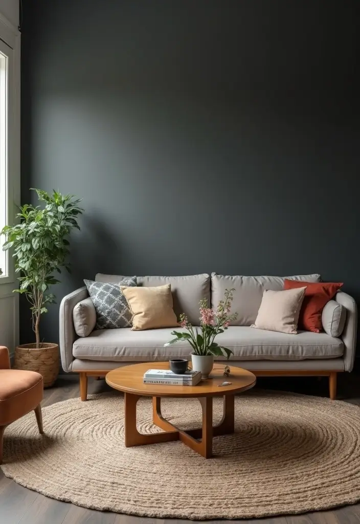 29 Dark Gray Living Room Ideas That Look Modern and Sophisticated - 21. Vintage Touches in Modern Decor