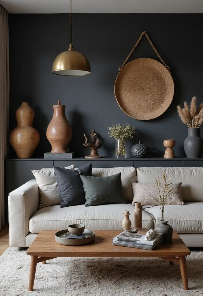 29 Dark Gray Living Room Ideas That Look Modern and Sophisticated - 22. Artistic Accessories