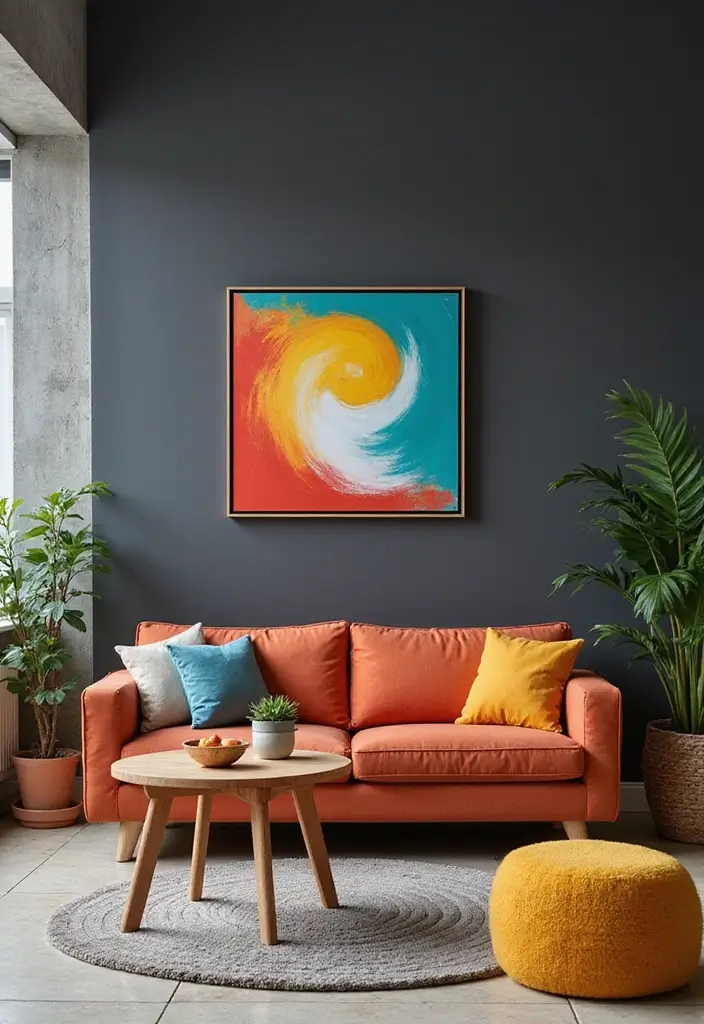 29 Dark Gray Living Room Ideas That Look Modern and Sophisticated - 25. Bold Color Pops