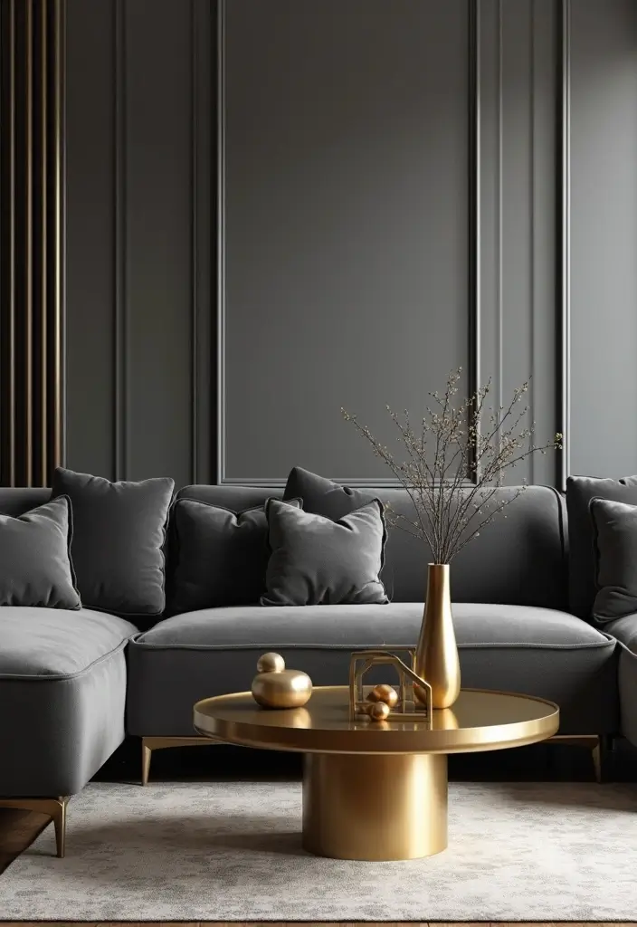 29 Dark Gray Living Room Ideas That Look Modern and Sophisticated - 4. Sleek Metallic Accents