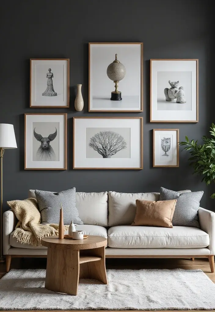 29 Dark Gray Living Room Ideas That Look Modern and Sophisticated - 7. Stylish Wall Art Display