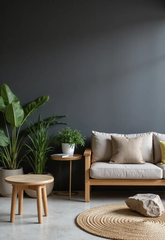 29 Dark Gray Living Room Ideas That Look Modern and Sophisticated - 9. Incorporating Natural Elements