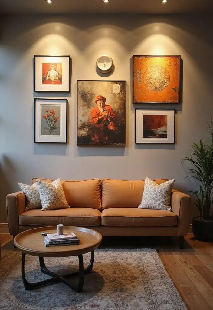 29 Decor Wall in Living Room Ideas That Add Personality and Depth - 15. Accent Artwork with Lighting