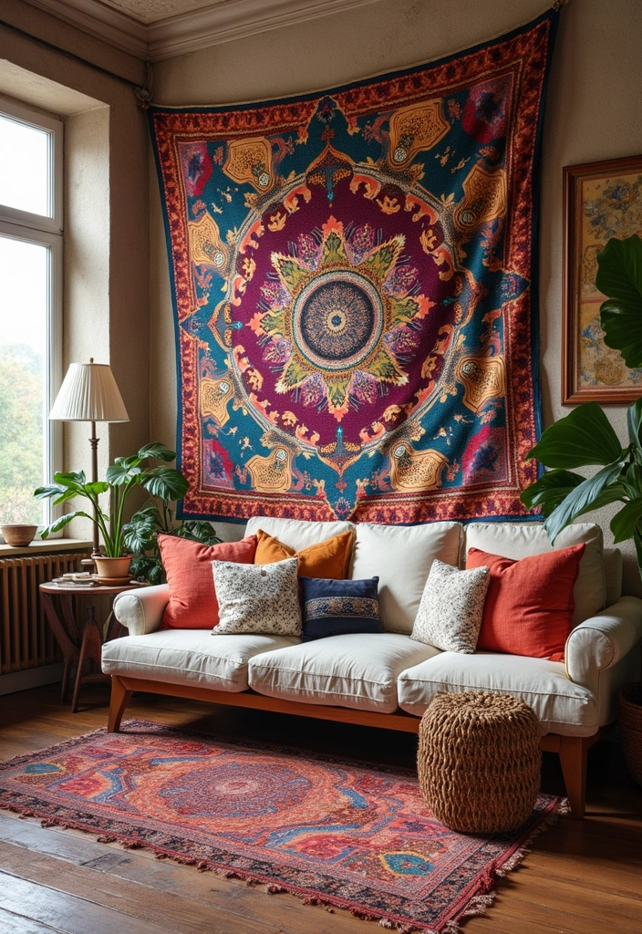 29 Decor Wall in Living Room Ideas That Add Personality and Depth - 20. Colorful Tapestries