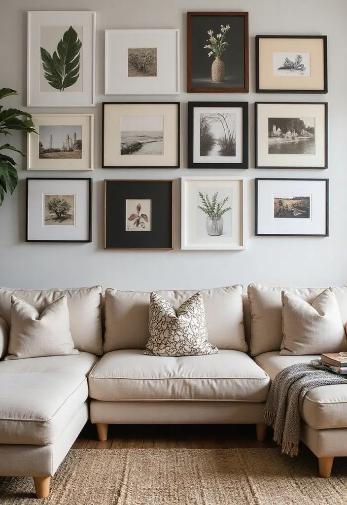 29 Decor Wall in Living Room Ideas That Add Personality and Depth - 22. Layered Artwork