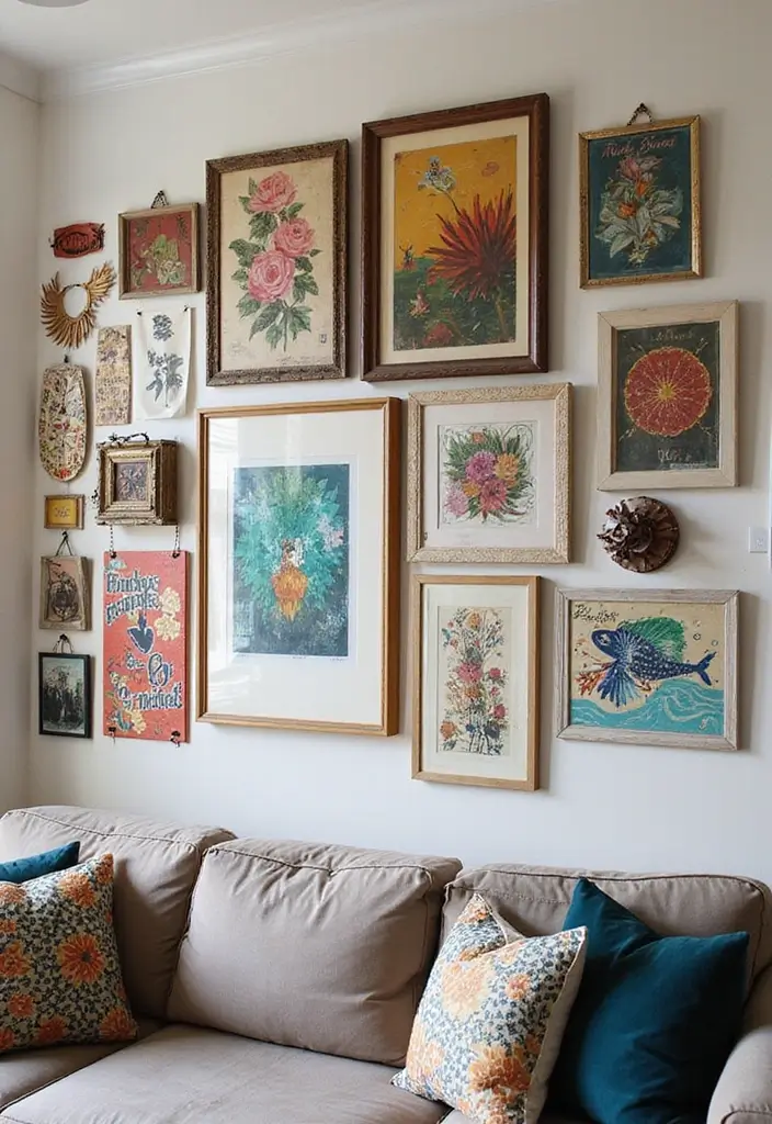 29 Decor Wall in Living Room Ideas That Add Personality and Depth - 4. Eclectic Art Mix