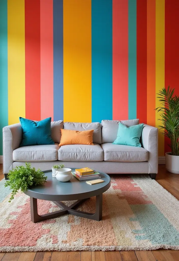 29 Decor Wall in Living Room Ideas That Add Personality and Depth - 9. Colorful Stripes
